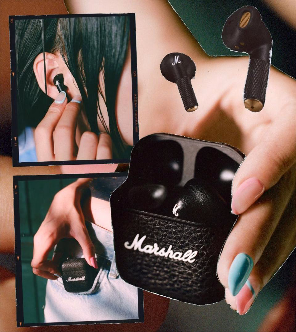 Лайфстайл колаж із різних ракурсів навушників Marshall Minor IV Black